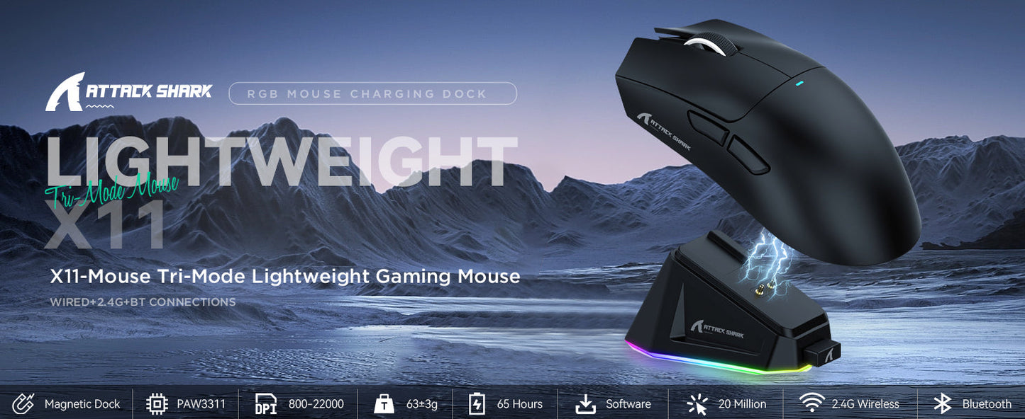 Attack Shark X11 – Ultra-Light RGB Gaming Mouse (22,000 DPI, Triple Mode, Dock Included)