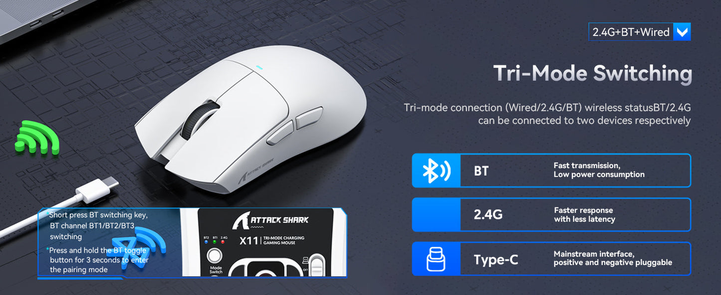 Attack Shark X11 – Ultra-Light RGB Gaming Mouse (22,000 DPI, Triple Mode, Dock Included)
