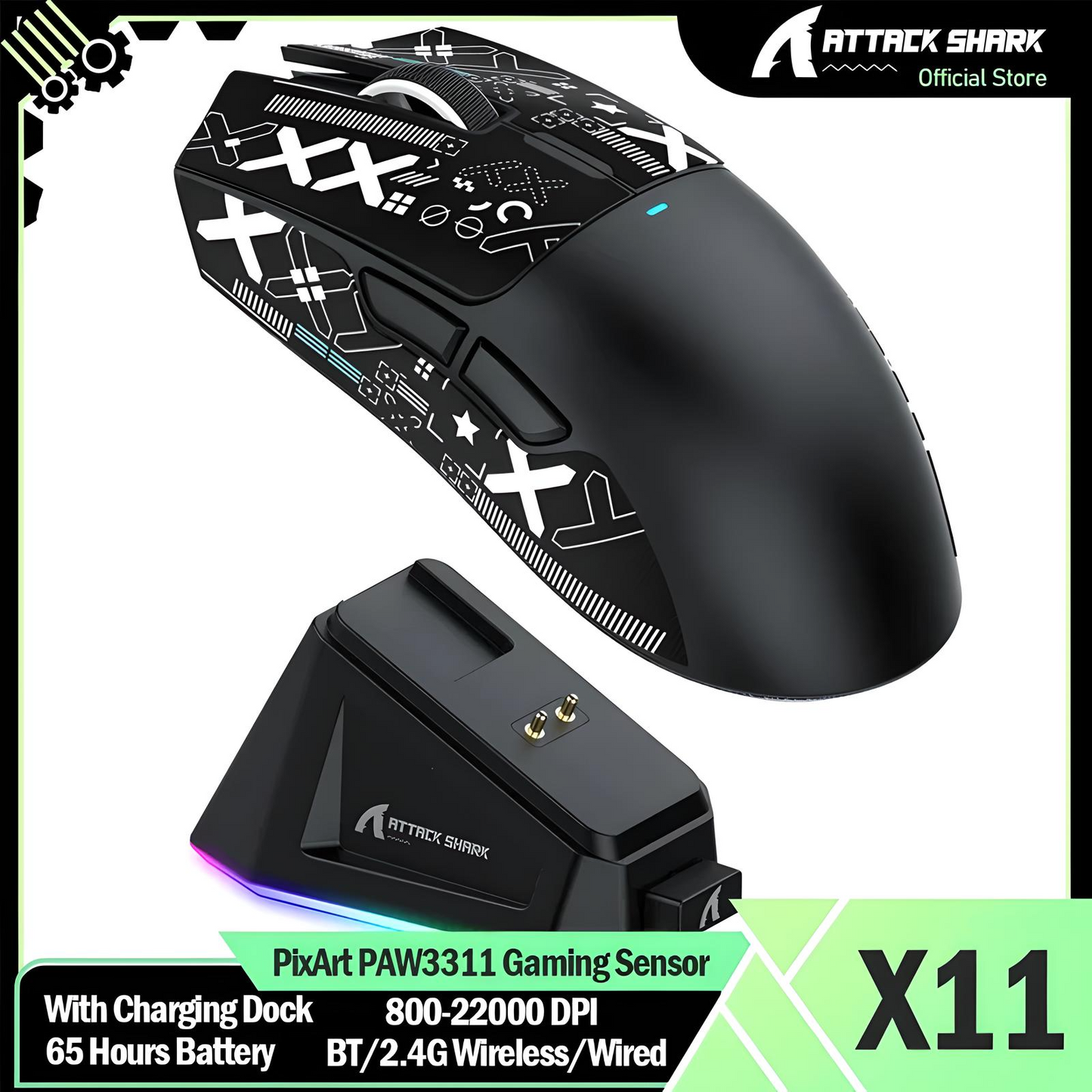 Attack Shark X11 – Ultra-Light RGB Gaming Mouse (22,000 DPI, Triple Mode, Dock Included)