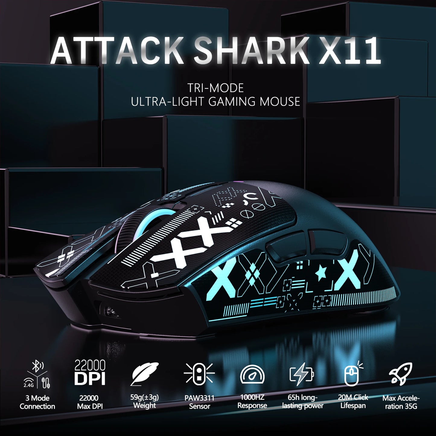 Attack Shark X11 – Ultra-Light RGB Gaming Mouse (22,000 DPI, Triple Mode, Dock Included)