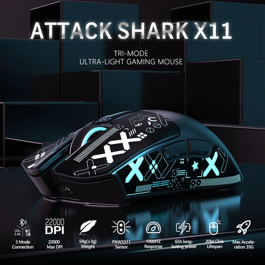 Attack Shark X11 – Ultra-Light RGB Gaming Mouse (22,000 DPI, Triple Mode, Dock Included)